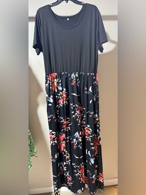 Black Maxi Dress with Red & Blue Floral Print